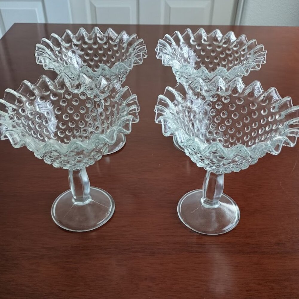 Set of Four Vintage Hobnail Glass Footed Compote, Candy Dish with Ruffled Edge